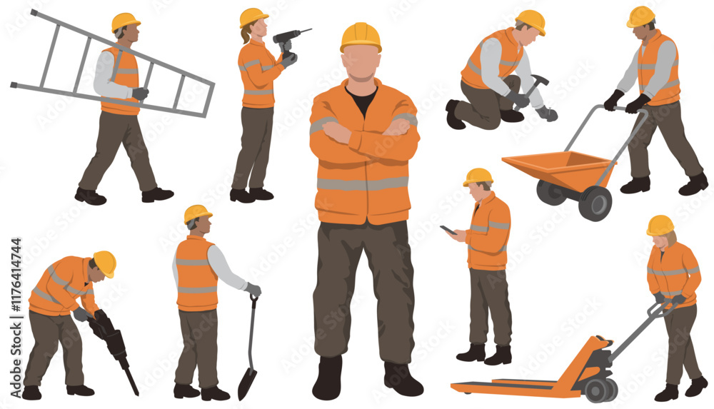 Construction Workers Vector Flat Illustration Set Isolated On A White ...