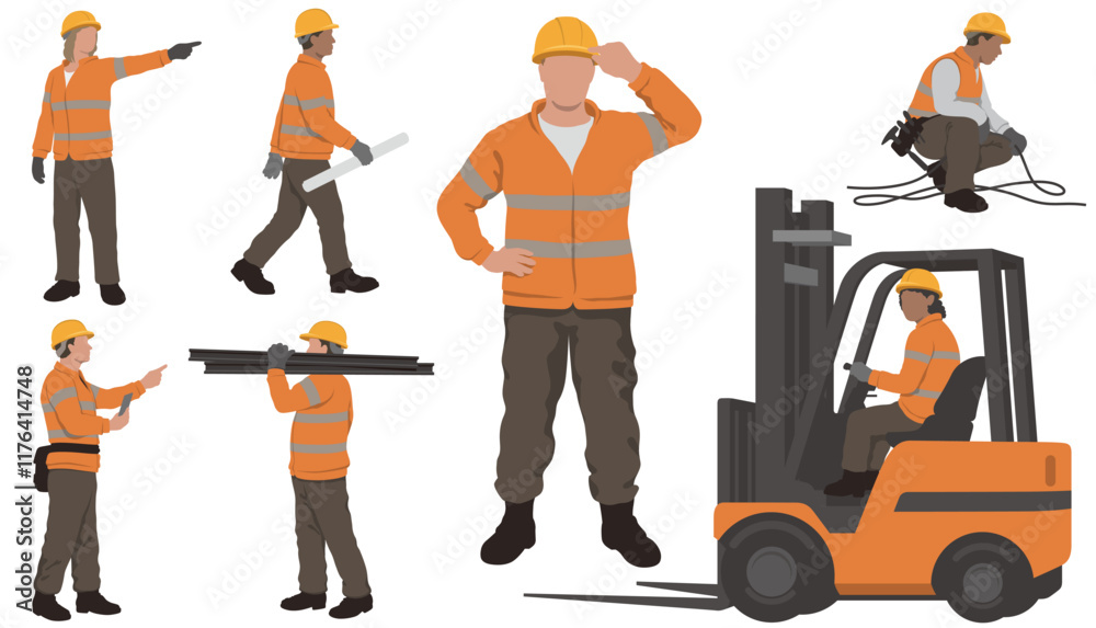 Construction Workers Vector Flat Illustration Set Isolated On A White ...