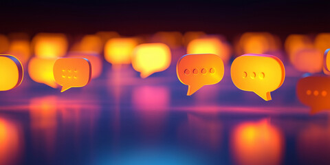 Poster - Glowing orange speech bubbles floating above a reflective surface, surrounded by vibrant colors and abstract bokeh.