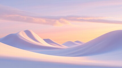 Sticker - Pastel-toned, digital illustration of snow-capped, gently rolling hills at sunrise. Soft light paints the landscape in shades of pink and orange.