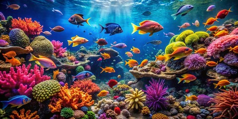 Naklejka na meble Vibrant Coral Reef Aquarium Scene with Bokeh, Underwater Life, Colorful Fish