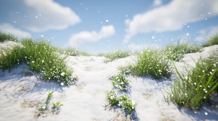 Wall Mural - Pathway through snowy field with grass, spring or winter scene.