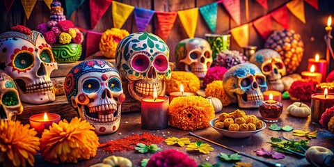 Wall Mural - Vibrant Dia de los Muertos Sugar Skull Vintage Photograph