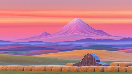 Wall Mural - Peaceful rural landscape at sunrise with a mountain range and a barn in the foreground.