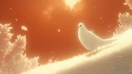 Sticker - Peaceful white dove perched on snow-covered hillside at sunrise.