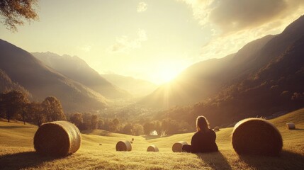 Wall Mural - Peaceful woman sits amidst hay bales, overlooking a valley at golden hour.