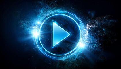 Poster - A glowing blue play button surrounded by cosmic light effects, symbolizing video content and entertainment.