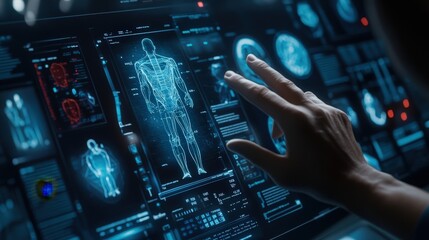 Poster - Healthcare Provider Discussing Patient Records with Advanced Digital Interface and Interactive Technology in Clinical Setting