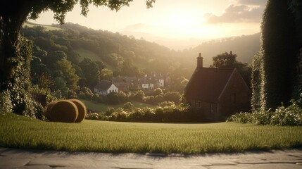 Wall Mural - Picturesque village nestled in a valley at golden hour, hay bales foreground.