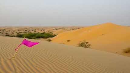 Sticker - Pink flag on a desert dune landscape.