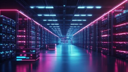 Poster - Modern Accounting Warehousing of Shipping Containers in a Futuristic Facility with Neon Lights and Advanced Technology