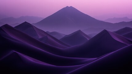 Sticker - Purple desert mountains at dawn.  Misty, dramatic landscape of dark purple sand dunes and a distant peak.