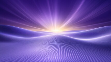 Wall Mural - Purple desert sunrise, vibrant rays of light illuminating sand dunes.