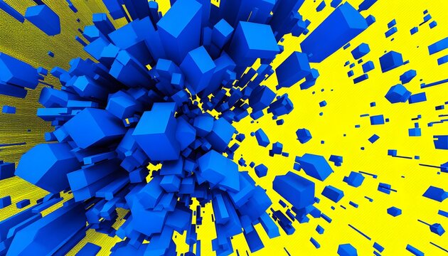 Abstract Blue and Yellow 3D Cube Explosion: A Digital Art Piece
