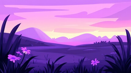 Sticker - Purple sunset landscape with wildflowers and hills. Gentle, flat, purple, colorful, scenic, nature, tranquil, sunrise, dusk, illustration,  grass, wildflowers, hills, valley, peaceful,  meadow, evenin