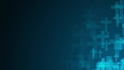 Poster - Blue cross symbol shapes are moving from the bottom right of a gradient grid abstract background, horizontal composition. Religion motion graphic. Loop animation footage for graphic design.