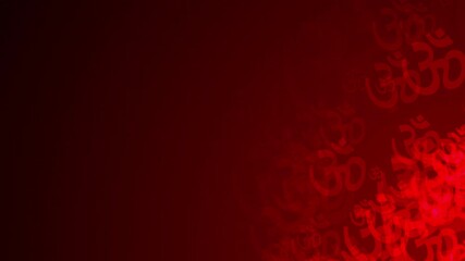Poster - Red OM symbol shapes are moving from the bottom right of a gradient grid abstract background, horizontal composition. Relaxing, yoga or zen motion graphic. Loop animation footage for graphic design.