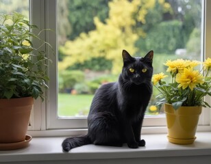 Wall Mural - Black Cat Sitting on Window Sill with Yellow Flowers and Plants