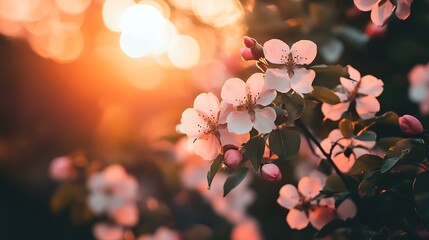 Canvas Print - Close-up of delicate white blossoms on a branch at sunset.