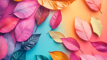 Canvas Print - Colorful autumn leaves arranged on a vibrant gradient background.