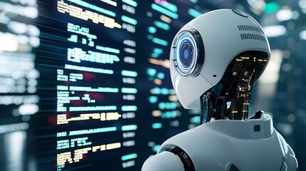 Poster - Robot standing in front of a digital screen with stock trends projected behind it, [data-driven decision], [AI leading financial markets]