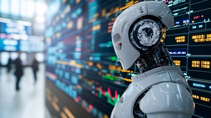 Poster - AI robot working alongside human traders in a bustling futuristic stock exchange, [collaboration], [human-AI synergy in trading]
