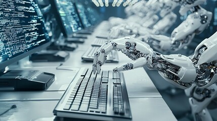 Poster - multiple robotic arms rapidly typing on keyboards in a futuristic trading room, [speed], [high-frequ