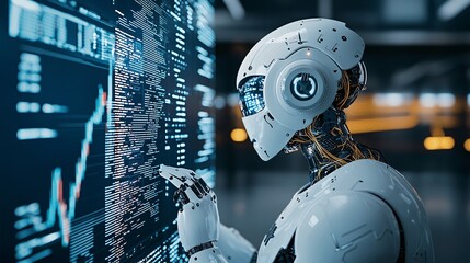 Poster - robot analyzing crypto market trends on multiple screens, [crypto trading], [ai in decentralized fin
