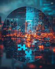 Poster - Round data management hologram featuring a jigsaw puzzle