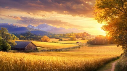 Wall Mural - A scenic view of a farm with golden fields and mountains in the background during sunset