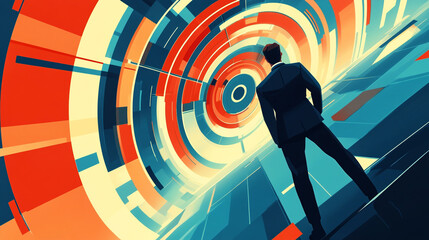 Poster - Modern man contemplating vibrant abstract tunnel in futuristic setting
