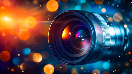 Poster - Exploring the art of photography with a lens on colorful bokeh background