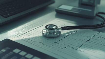Poster - Stethoscope Placed on Medical Chart with ECG Line Near Laptop and Equipment in a Clinical Environment