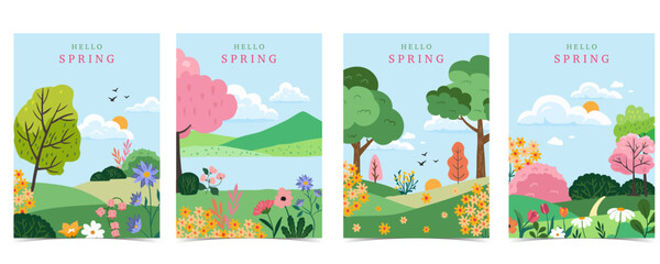 Wall Mural - spring landscape background with mountain and tree for a4 vertical design