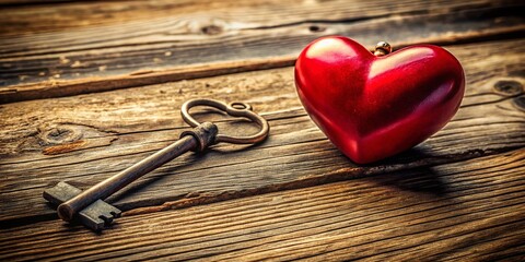 Wall Mural - Vintage Key and Red Heart on Rustic Wood: Romantic Valentine's Stock Photo