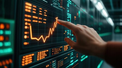 A hand reaching towards a glowing line graph, with arrows and percentages, set in a futuristic data center
