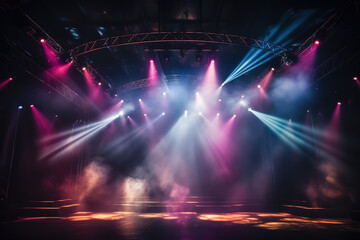 Canvas Print - Wonderful Colorful stage lighting with smoke and rays of light on dark background