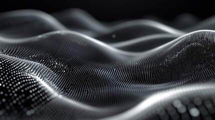 Poster - Futuristic Black and White Technology Background with Abstract Wavy Patterns and Dots Representing Digital Network Concepts