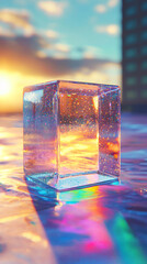 Wall Mural - Iridescent Glass Cube Sunset Reflection