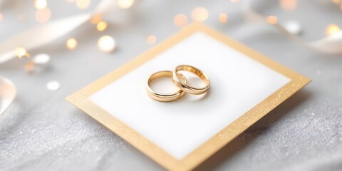 gold wedding bands on white card with golden border against soft bokeh lights creating minimalist el