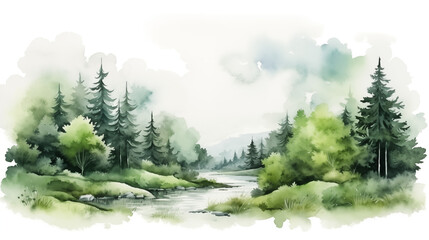 green forest depicted in a watercolor painting. ideal for nature-themed designs