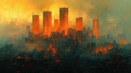 Canvas Print - Fiery cityscape, burning towers, apocalyptic sunset.