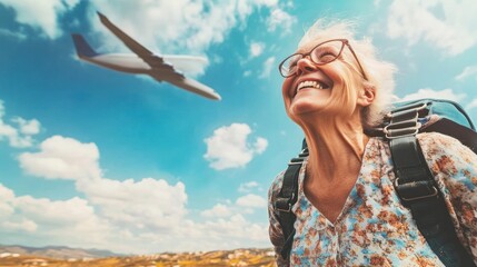 Senior woman with backpack, happy, enjoying travel, airplane in the sky.