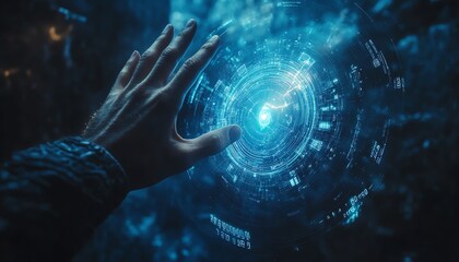 Fototapete - Futuristic hand interacting with a digital holographic globe showing numerical data, on a dark blue background, illustrating the concept of global digital connectivity