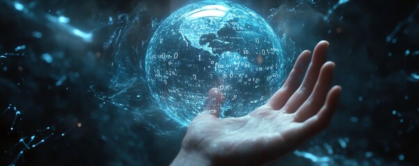 Fototapete - Futuristic hand interacting with a digital holographic globe showing numerical data, on a dark blue background, illustrating the concept of global digital connectivity