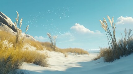 Sticker - Serene desert landscape with soft light and blowing seeds.