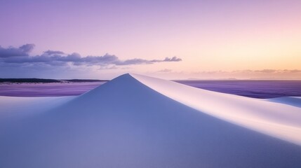 Wall Mural - Serene dune landscape at sunrise with soft purple hues.