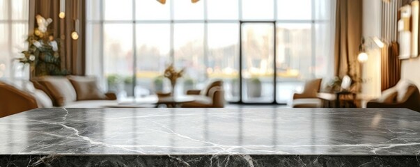 Fototapete - Empty black marble stone table top and blur glass window interior shopping mall banner mock up abstract background - can used for display or montage your products