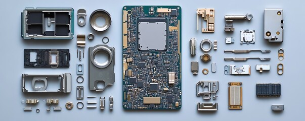 Poster - Mobile phone disassembled showing the processor and electronic chip, emphasizing the internal components for technologythemed ads and repair services