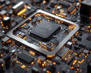 Poster - 3D render of a disassembled mobile phone with a focus on the CPU and electronic chip, emphasizing technology repair and mobile device maintenance